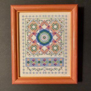 Framed Needlepoint Petit Point Star Quilt Pattern Pinks Blues Farmhouse 90s